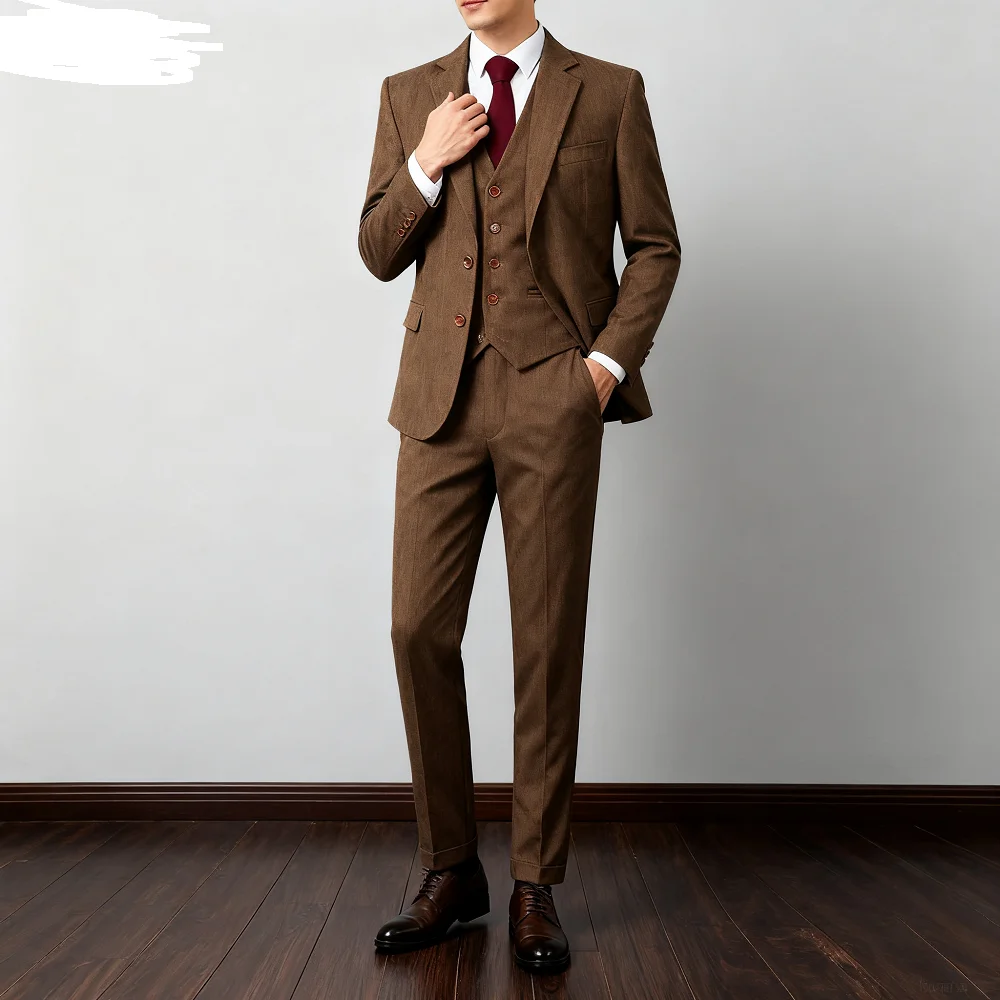 

Men's Slim Fit Tweed Wool Wedding Suit Gray Spine Smoking Formal Jacket Vest - Wedding Groomsmen Attire Male Casual Wear