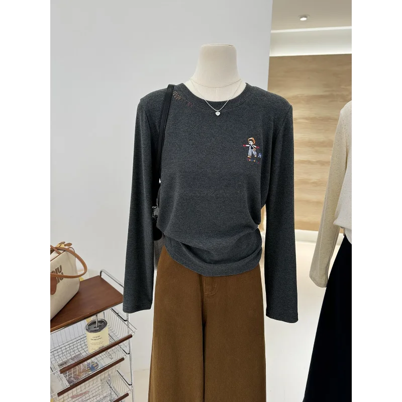 

Winter New Korean Color Dot Brushed Cartoon Embroidery Slim Long-sleeved Bottoming Shirt T-shirt Women's Top