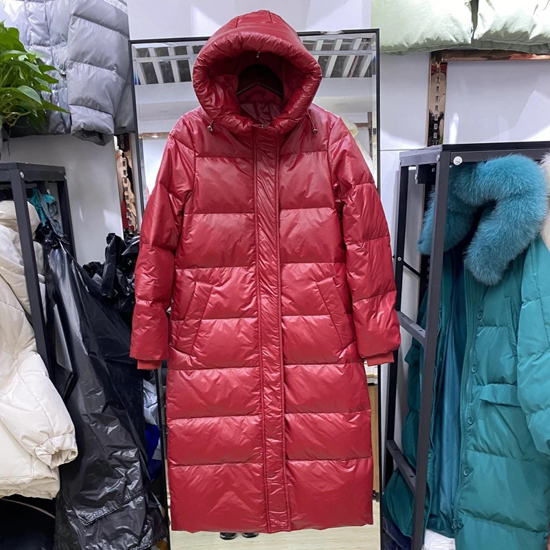 2022 Women Autumn Winter Loose Padded Zipper Solid Color Long Jacket Hooded Stand Collar Casual All Match White Duck Down Coat