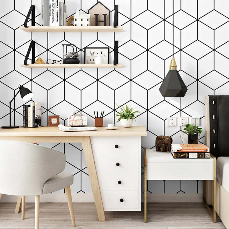 

Nordic Geometric Lattic 3D Wall Papers Black Vinyl White Grid Wallpaper Roll for Living Room Background Mural Papel Pintado