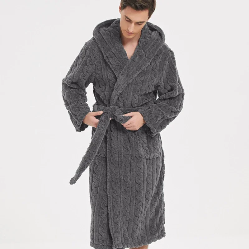 Winter Warm Plush Coral Fleece Robe Sleepwear Lounge Wear Thicken Jacquard Flannel Men Hooded Bathrobe Gown Home Wear Nightwear