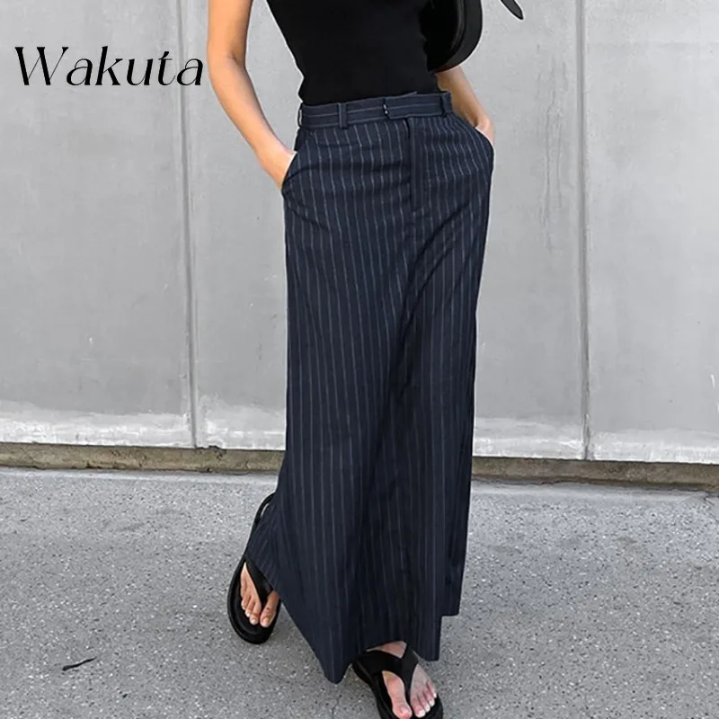 

WAKUTA American Retro Slim High-waisted Striped Bustier Skirt Fall Fashion Classic Split Straight Bustier Long Skirt 니트 스커트