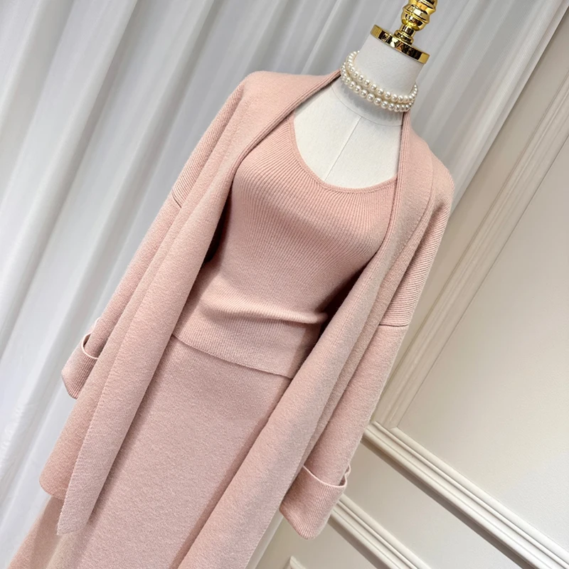 KBQ Solid Three Piece Sets for Women V Neck Short Vest High Waist A Line Long Skirts Cardigan Jacket Sweater Elegant Set Female