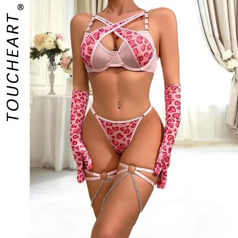 

Toucheart Pink Leopard Print Metal Chain Sexy Lingerie Set With Glove Leg Rings Intimate See Through Lace Hot Girl Underwear New