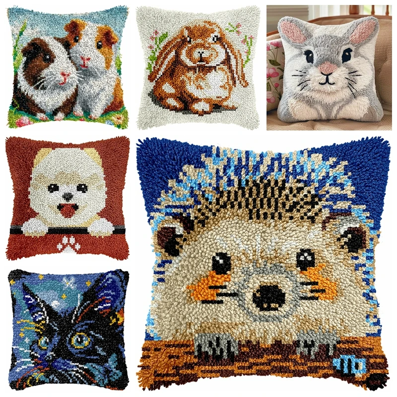 Cartoon Series Latch Hook Rug Kits Hedgehog Segment Embroidery Pillow Wool Cross Stitch Carpet Embroidery DIY Pillow Decoration