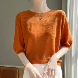 Summer women's cashmere sweater O-neck short sleeved 100% wool knitted short sleeved women's solid color casual short sleeved