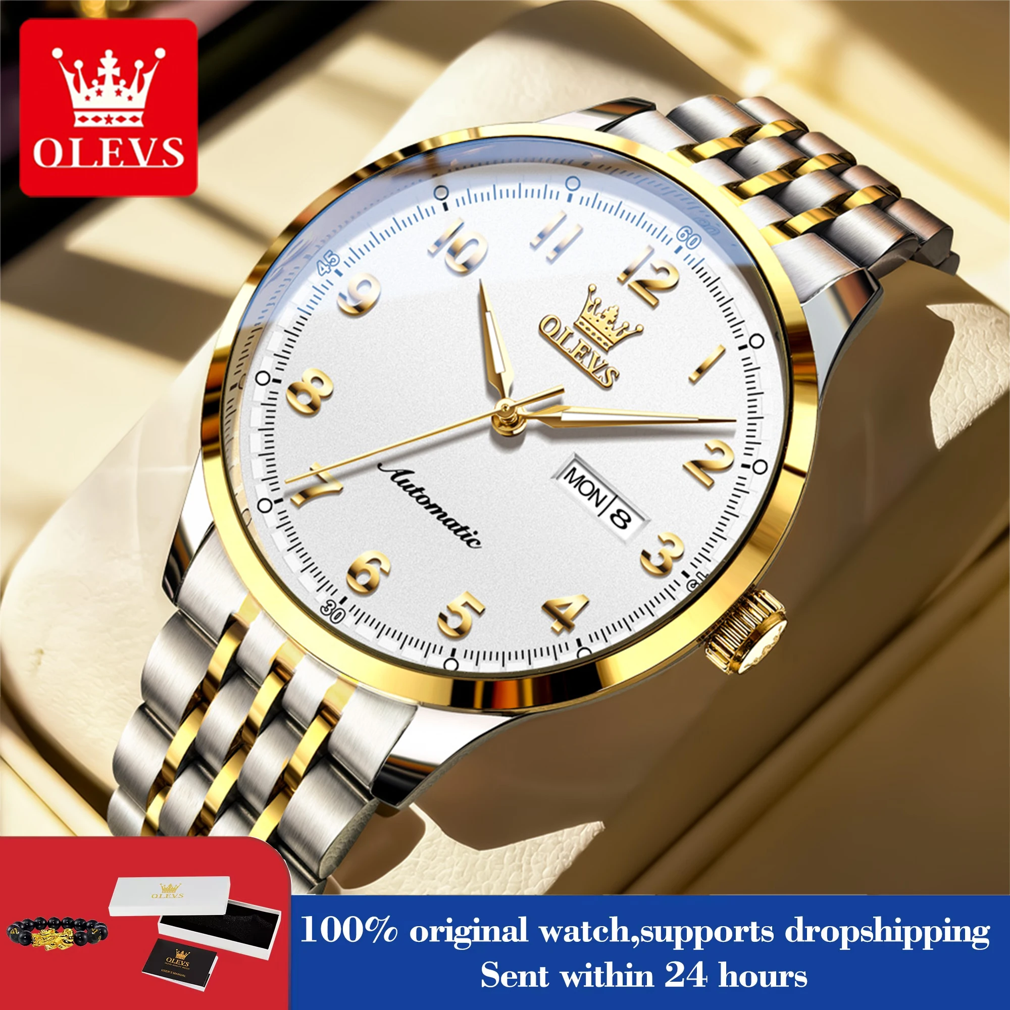 

Часы OLEVS для мужчин, роскошные механические часы, водонепроницаемые, с подсветкой, двойным календарем, из нержавеющей стали, модель 7100