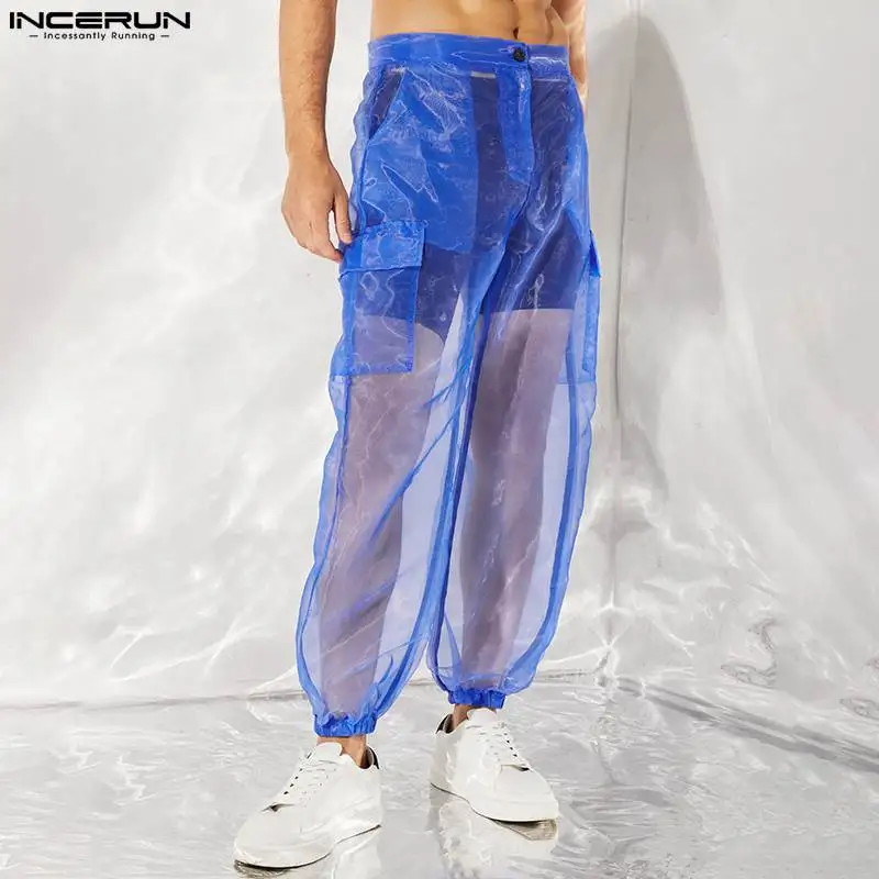 INCERUN Men Pants Mesh Button Solid Color 2024 Sexy Vacation See Through Breathable Casual Trousers Pockets Pantalones Hombre