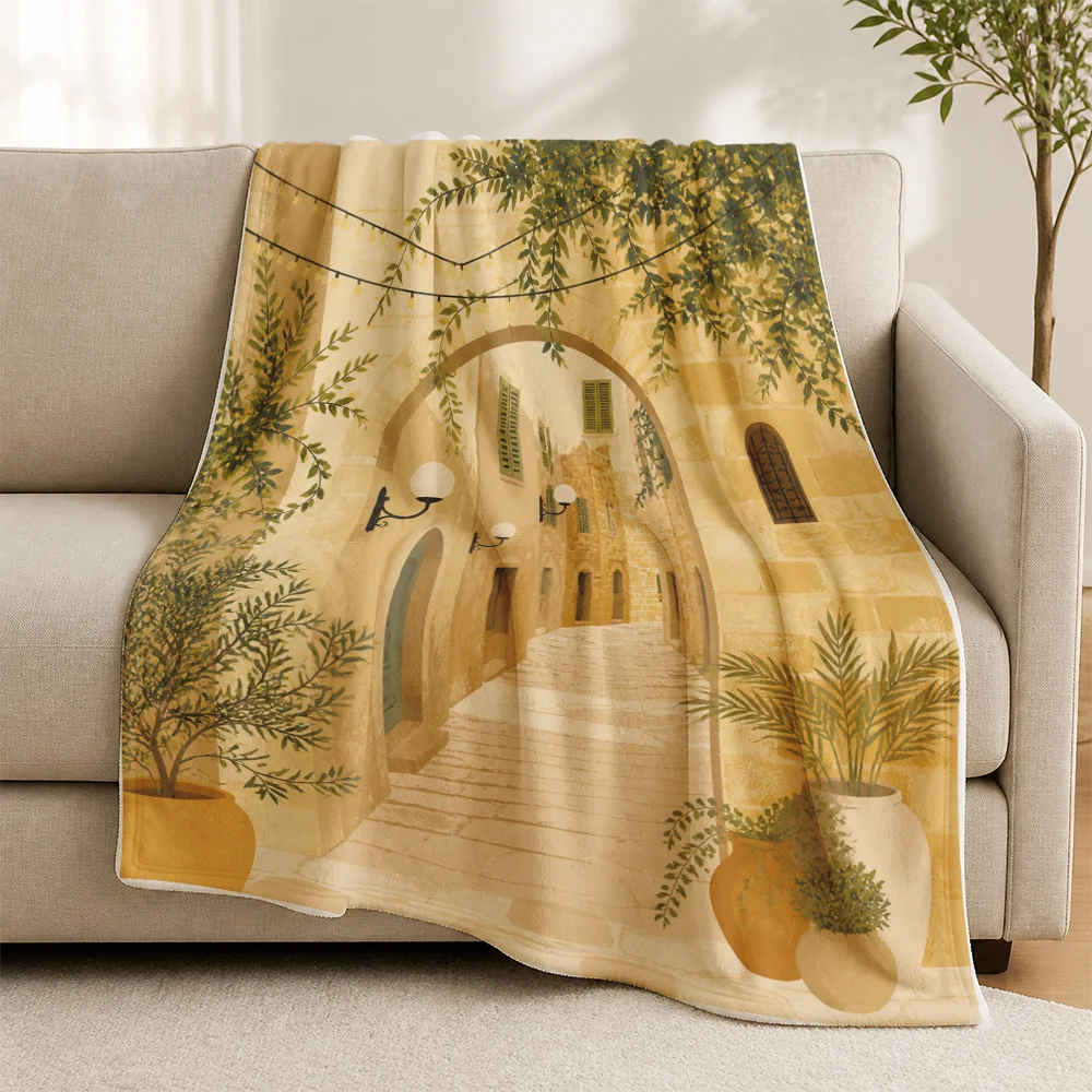 Decorative Mediterranean Throw Blanket for Living Room Sofa Couch Boho Rustic Tuscan Archway Pattern Cozy Vintage Style Fall Hom