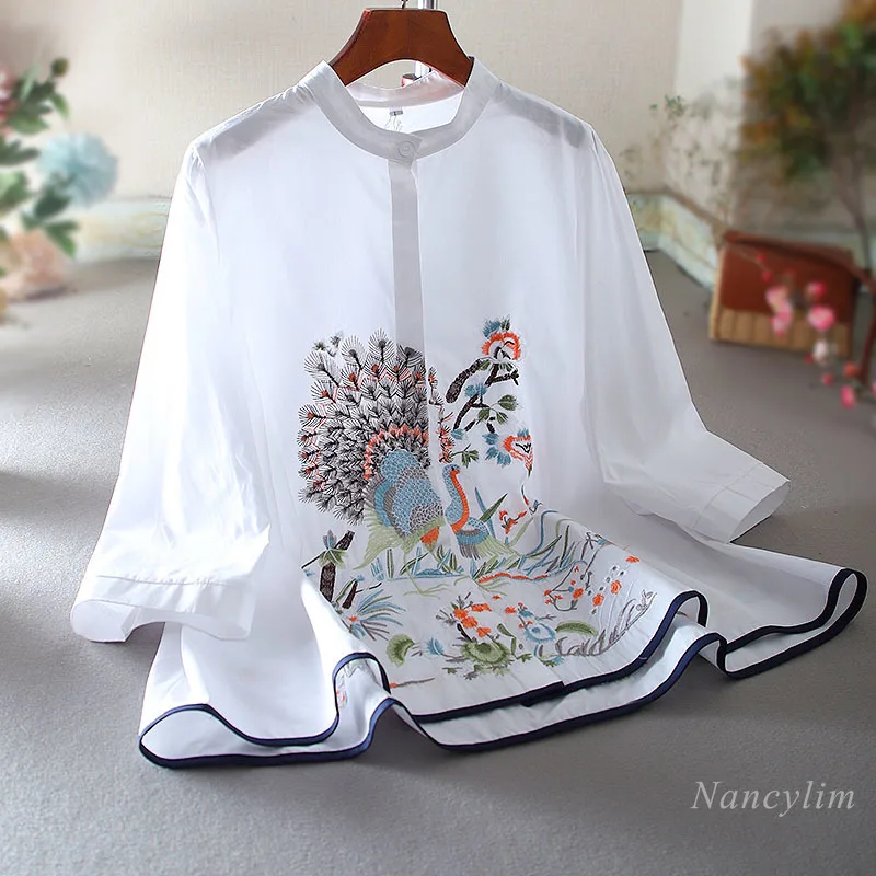 

Machine Embroidery Blouse Retro Stand Collar Ethnic Style Loose A- Line Slimming Belly-Covering High-Grade Shirt Women's Top