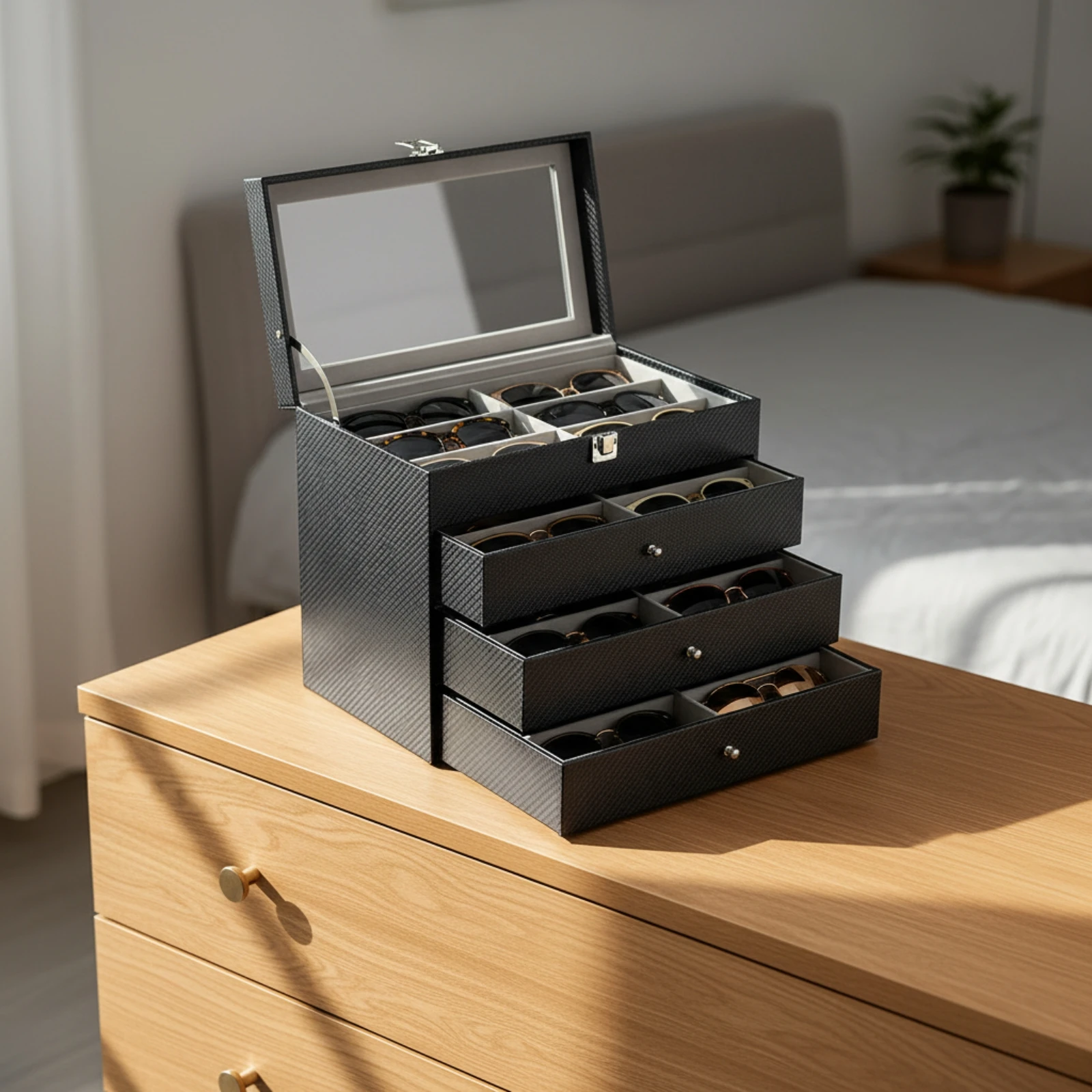 Eyewear Display Box with Clear Lid Stackable Sunglasses Organizer with Clear Lid Glasses Storage Holder Multi-Slot