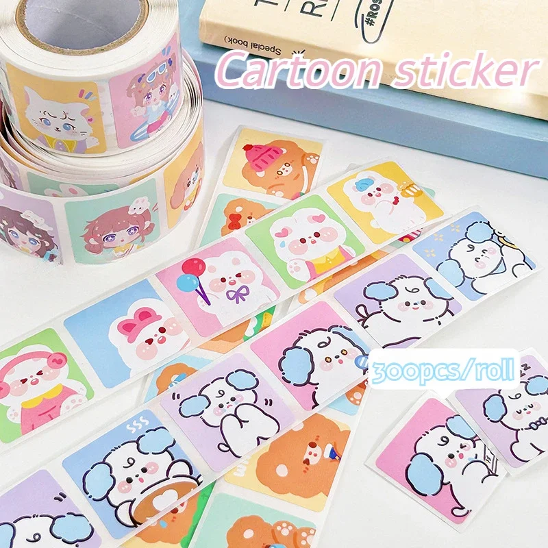 300Pcs INS Cute Cartoon Puppy Square Sealing Stickers for Kpop Photocard Packing DIY Bubble Bag Paper Box Scrapbook Decoration