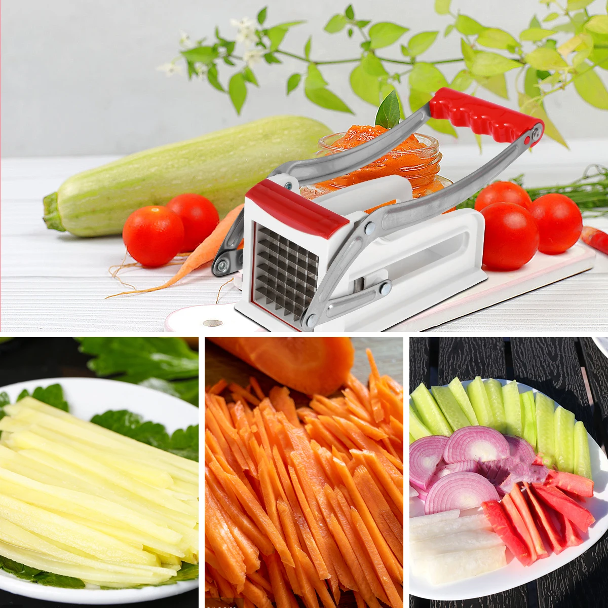 French Fry Cutter Stainless Steel Potato Chipper with 2 Blades Manual Food Slicer Dicer Multifunction Vegetable Fruit Chipper