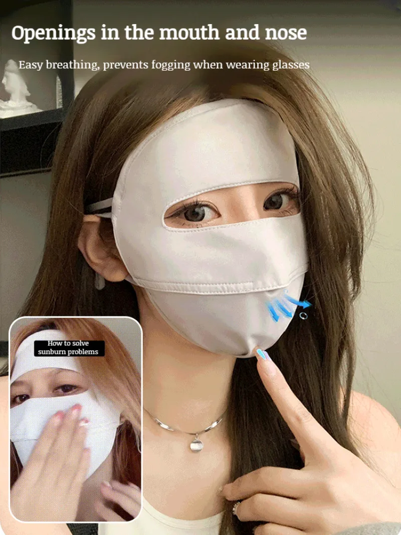 Zomer Ijs Zijde Zonnebrandmasker Vrouw Full Face Anti-uv Voorhoofd Dunne Sectie Ademend Masker