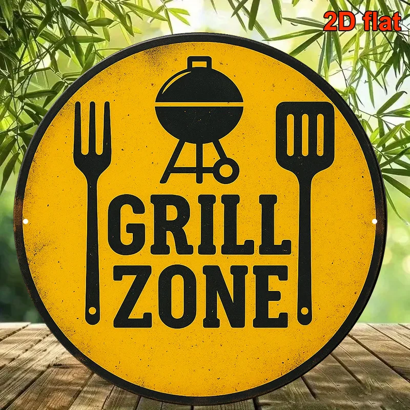 Retro Barbecue Themed 2D Wooden Round Plate Kitchen Terrace Hanging Decor with Yellow & Black Lettered Forks & Spatulas Pattern