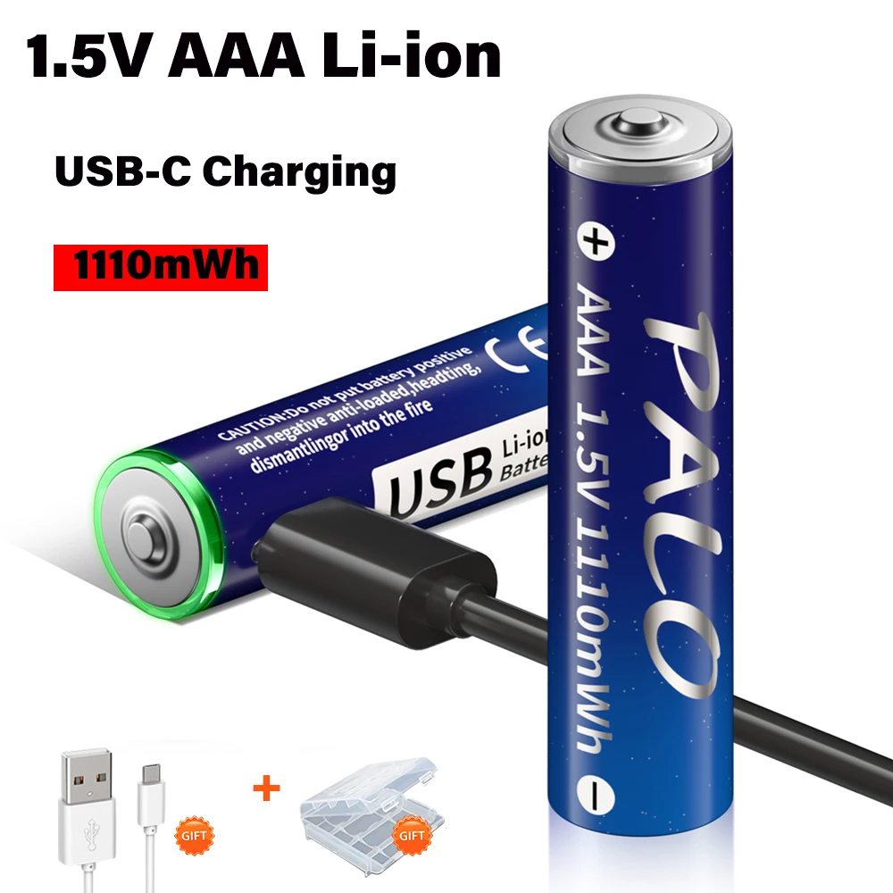 PALO Li-ion AAA Battery 1.5V 1110mWh Lithium Ion 3A USB Rechargeable Batteries for Remote Control Electronic Toy + Type-C Cable