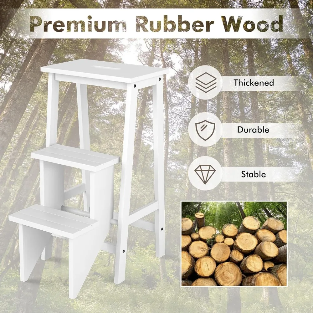 مقعد DORTALA ذو 3 طبقات قابل للطي، مقعد كرسي سلم متعدد الوظائف من الخشب المطاطي، مقعد أدوات محمول، حامل زهور، 200 رطل C #6