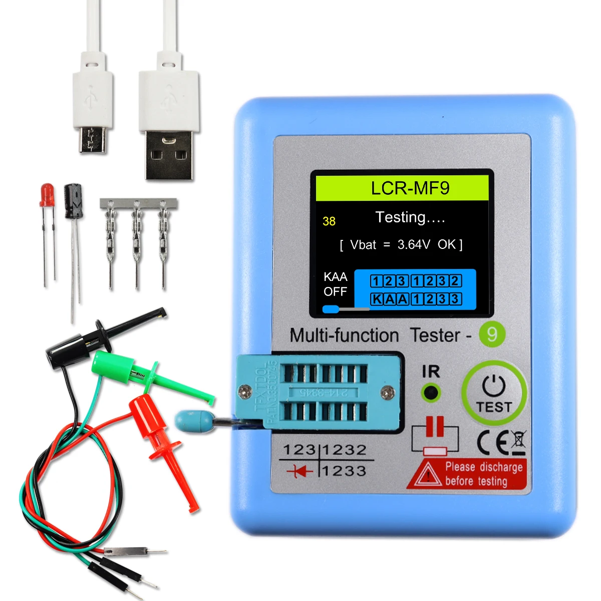 verificador do transistor do multi medidor da exposicao do lcd capacitor do triode medidor do teste do resistor mosfet npn pnp triac mos lcr mf9 18 tft 01