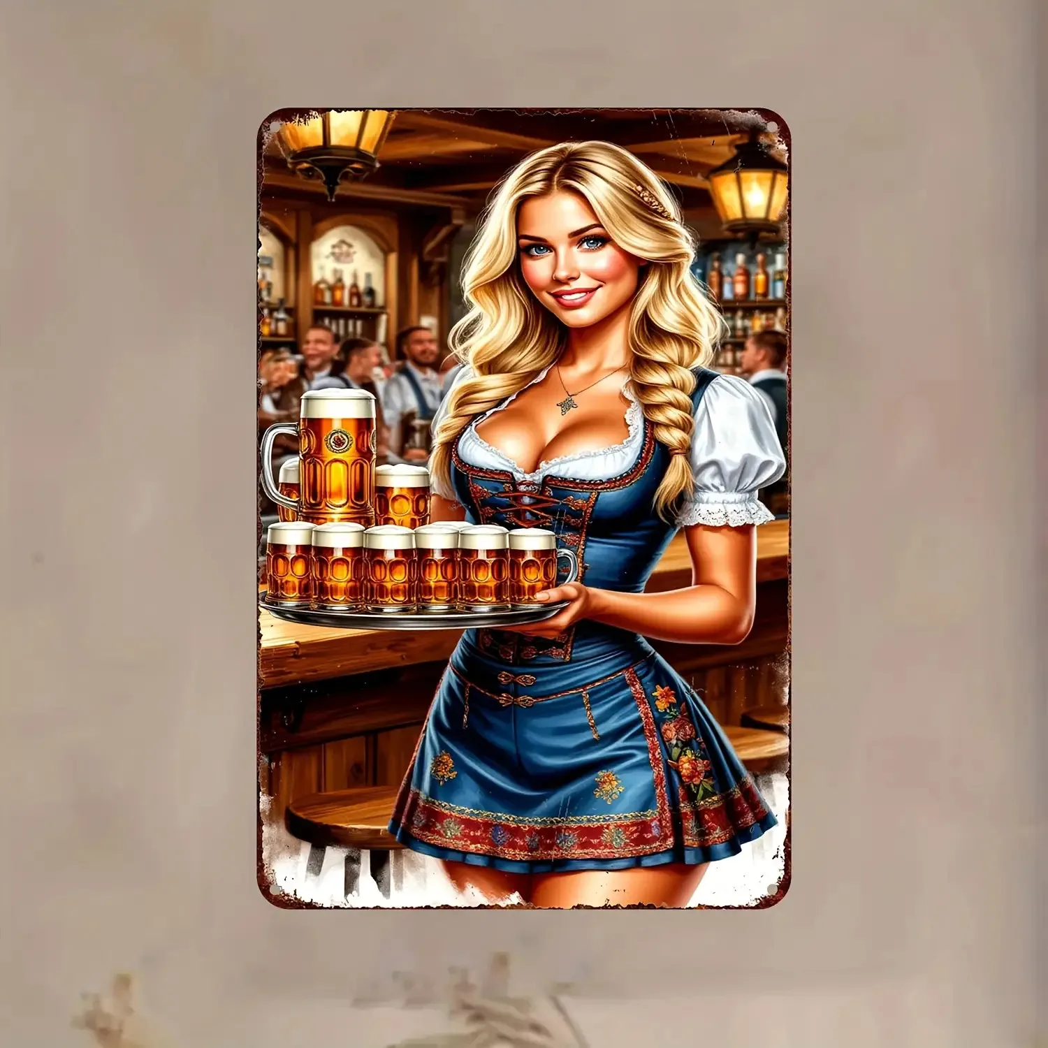 Large Oktoberfest Bavarian Beer Metal Wall Art - Vintage German Pub Sign with Dirndl-Clad Waitress & Beer Mugs,   Iron Bavarian-