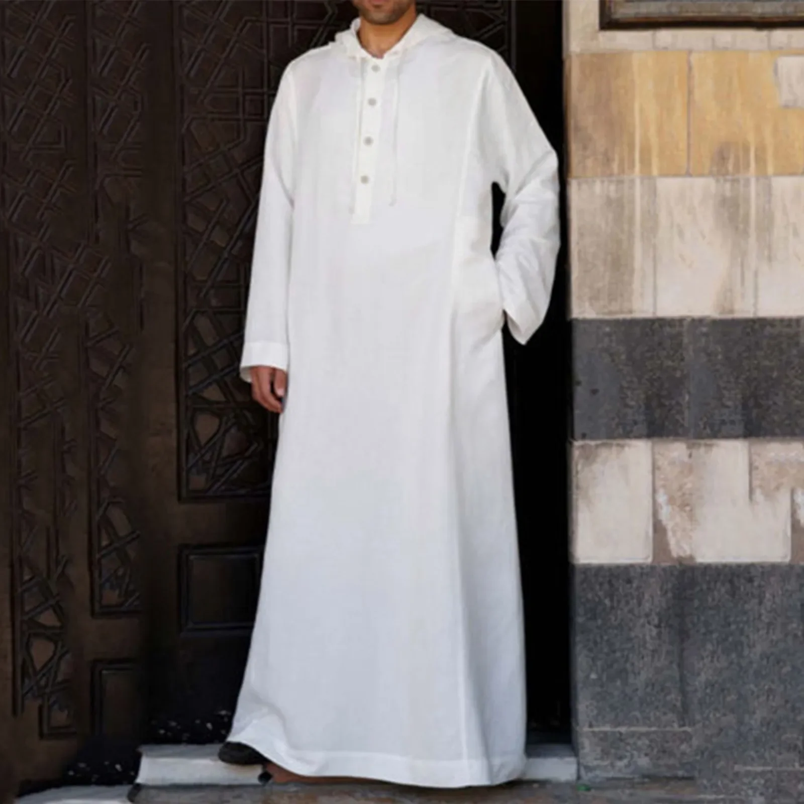 Robe Thobe com capuz respirável masculino, roupas de manga comprida, roupão solto, Dubai, Arábia Saudita, Kaftan, Galabia, roupas muçulmanas