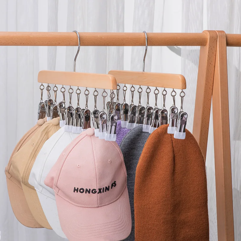 Wooden Hat hanger for Baseball Caps Leggings Skirts pants Ties caps Organizer with non slip 12 clips Space Saving Hat Organizr