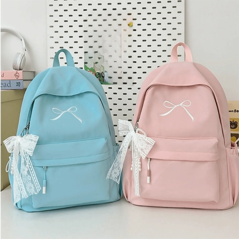 Cute Embroidered Bow Girls Backpack Nylon Solid Color Students Schoolbag Large Capacity Lightweight Travel Rucksack