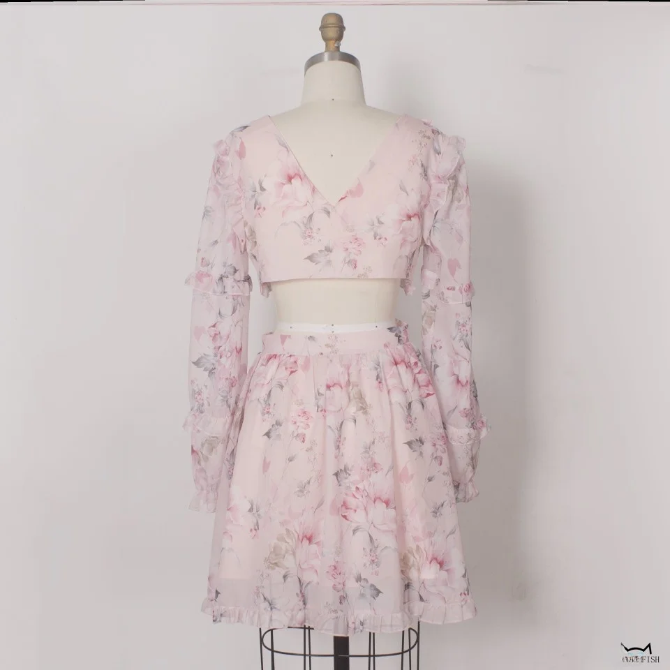 Pink Slim Fit V-Ne Long Sve Floral Print Chiffon ort Dr Women n Sweet Sle High Waist A-Line Skirt Spring D...