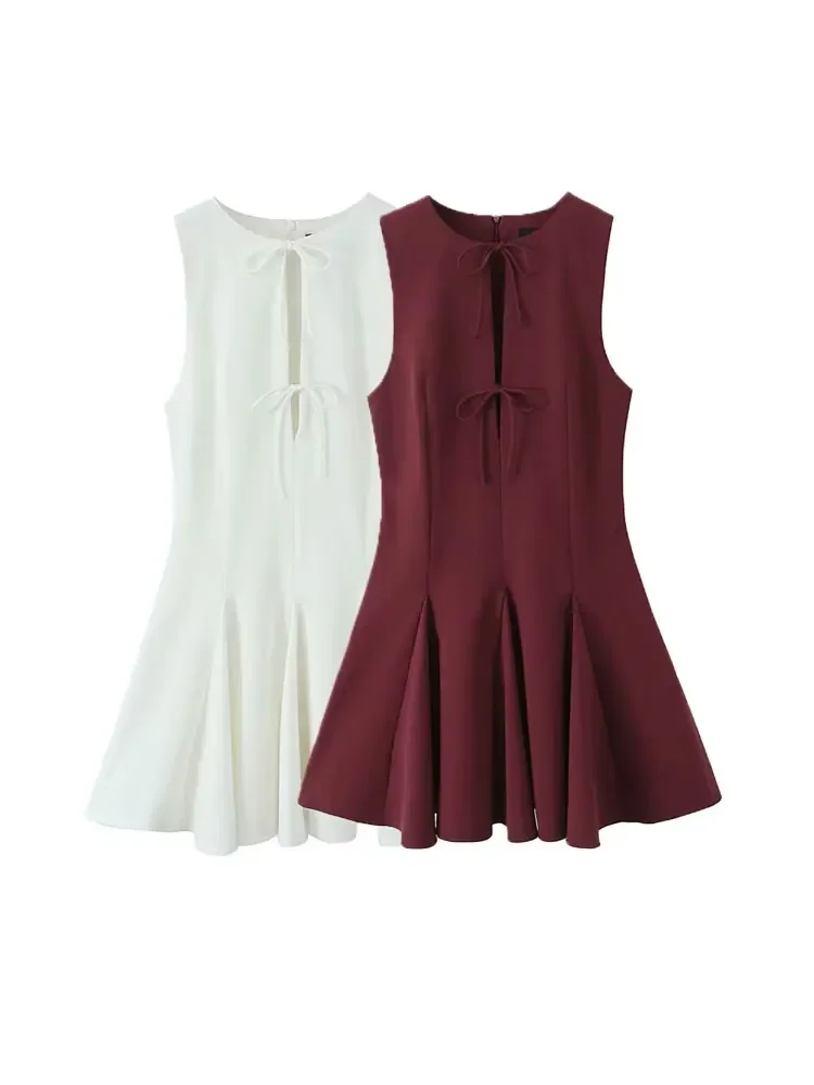 Novedad de verano, minivestido sin mangas con cuello redondo para mujer, con lazos, dobladillo Godet, cremallera trasera, Vestidos femeninos de moda