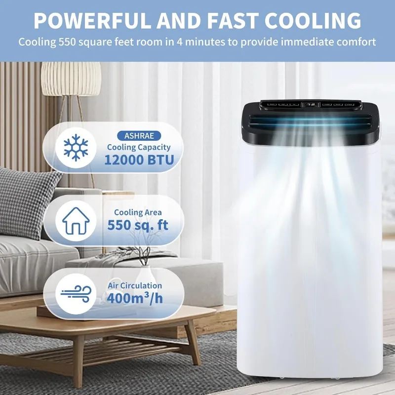 Ar condicionado portátil para salas, unidade de CA 3 em 1 com desumidificador e ventilador de refrigeração, 3 velocidades, 12.000 BTU, até 450 pés quadrados