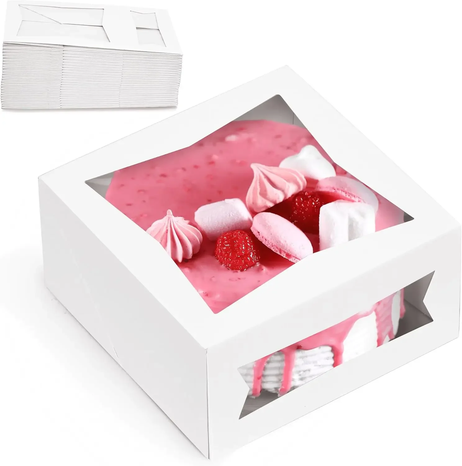 

150 Pack Cake Boxes with Window 8 x 8 x 4 Inches Auto Pop-Up White Bakery Containers for Dessert, Cookies and Pastries, Treat Bo
