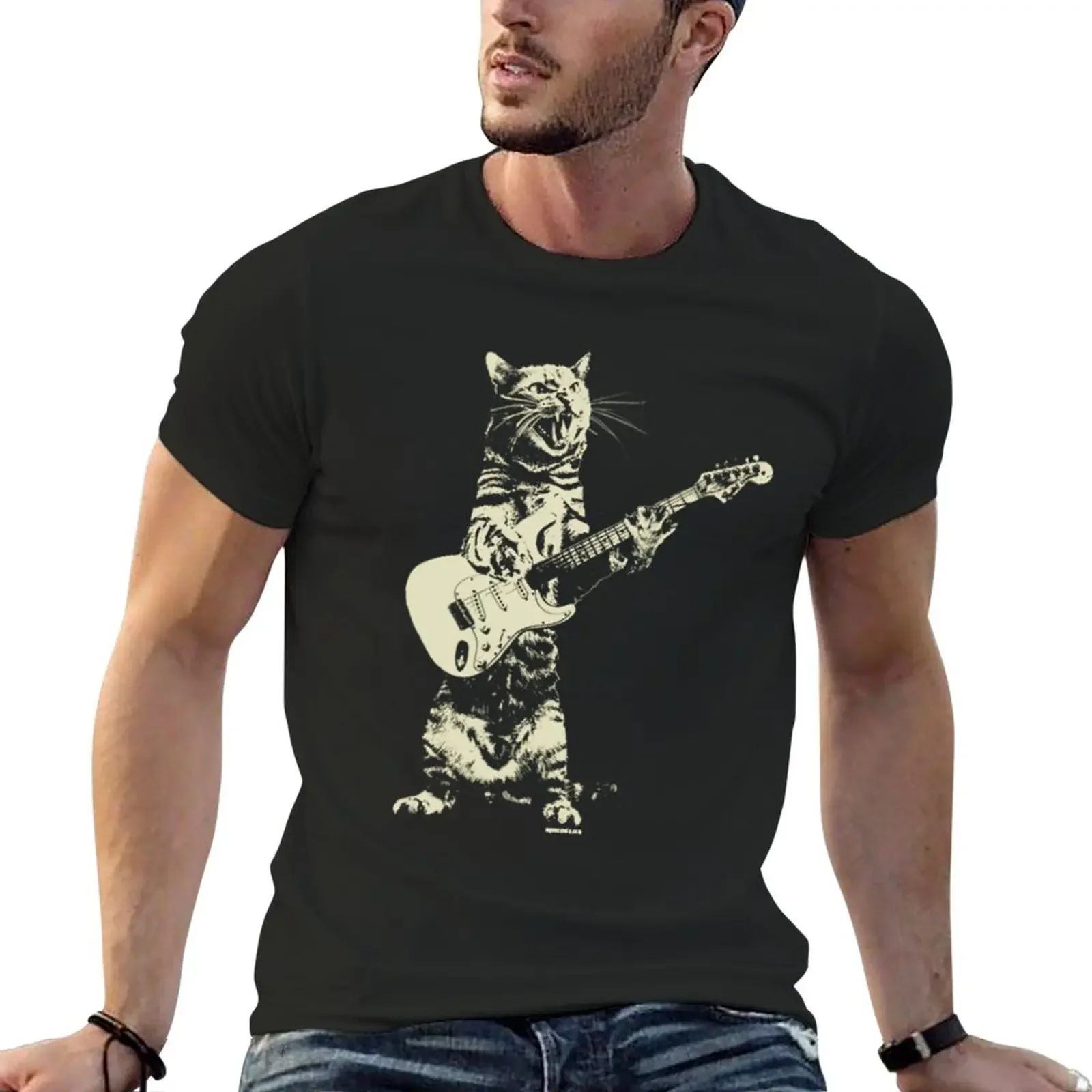 

Short Sleeve New Cat playing guitar Essential T-Shirt quick drying t-shirt funny short boys white mens funny.Male.Printing Tee