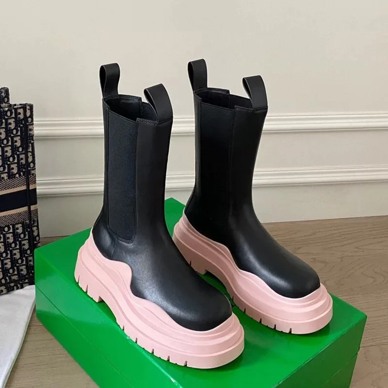 Kobiety w połowie buty ze skórki cielęcej gruba podeszwa platforma buty dla kochanków mężczyzn jesienny rycerz Chelsea Boots wsuwane skórzane Botas