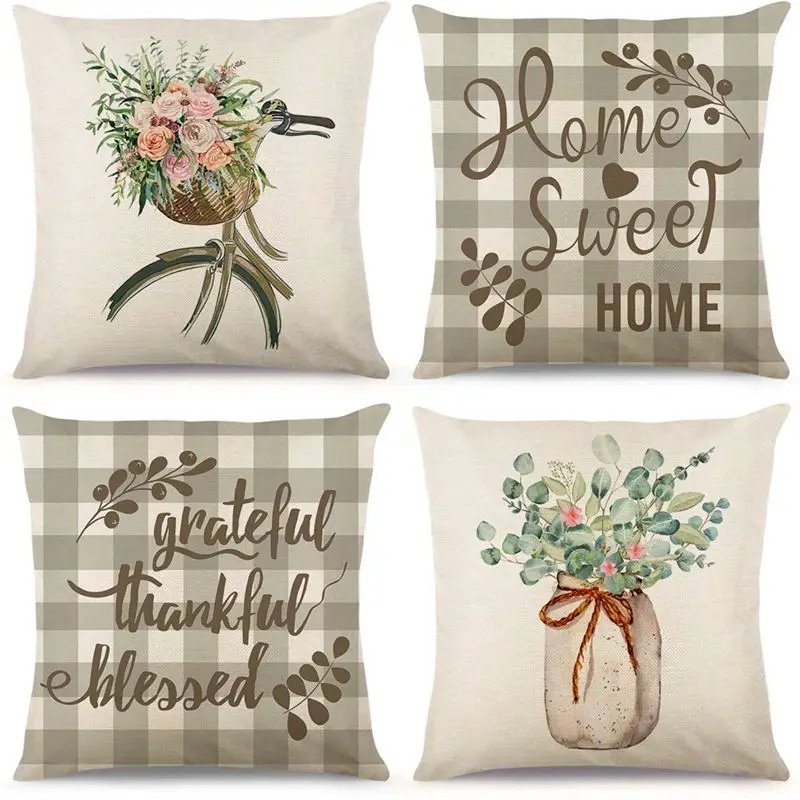 

AC76-18X18 Set Of 4 Spring Decorations Eucalyptus Farmhouse Pillow Covers Decor Cushion Case