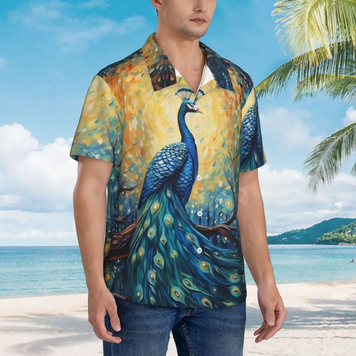 Camisa hawaiana con pintura de fantasía sobre pavo real, camisas informales de playa para hombre, ropa de calle de manga corta, blusas elegantes de gran tamaño