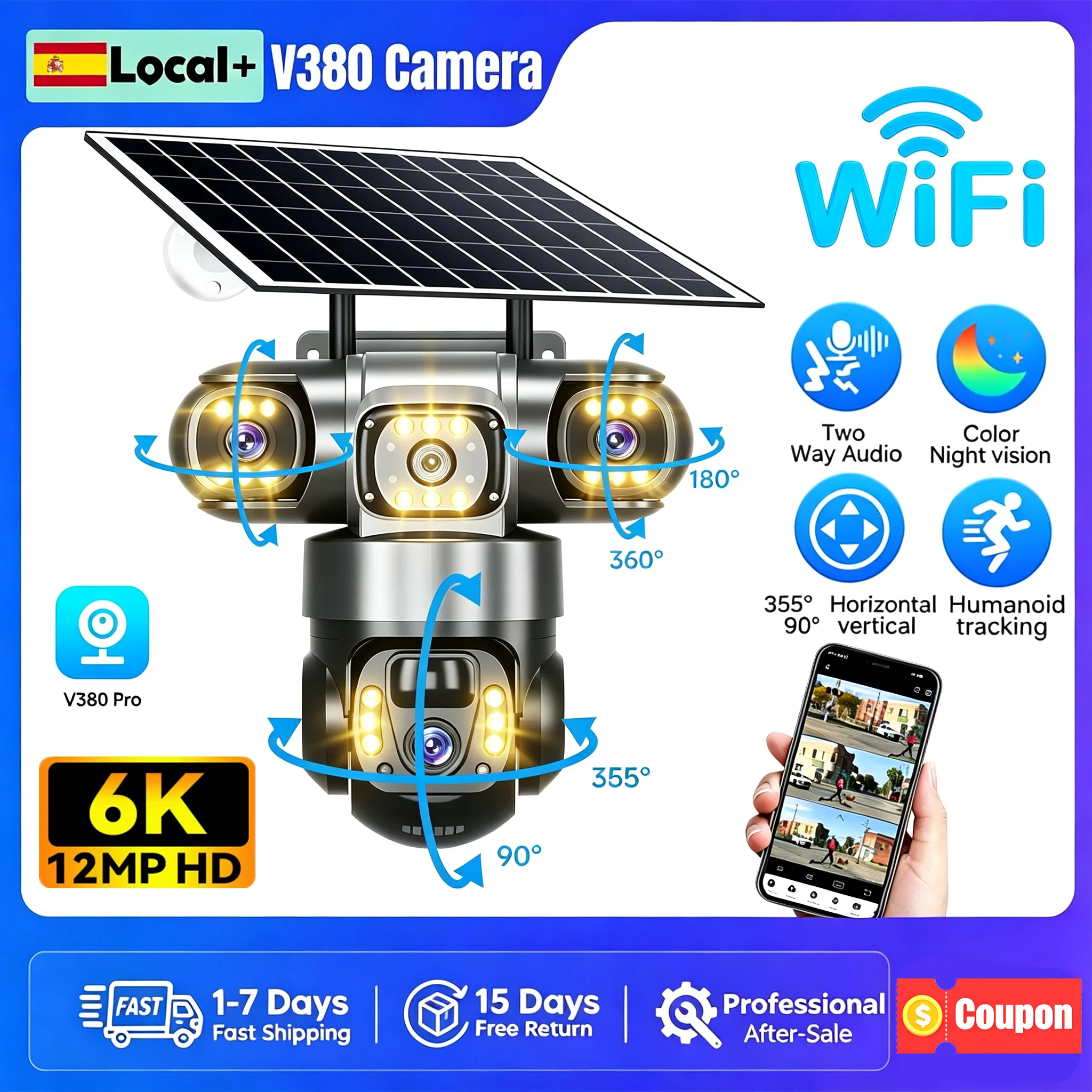 Telecamera Solare Wi-Fi da Esterno con 3 Obiettivi, 3 Schermi, Rilevamento Umano PIR, 12MP, Zoom 10X, Impermeabile, Visione Notturna, Telecamera di Sicurezza CCTV