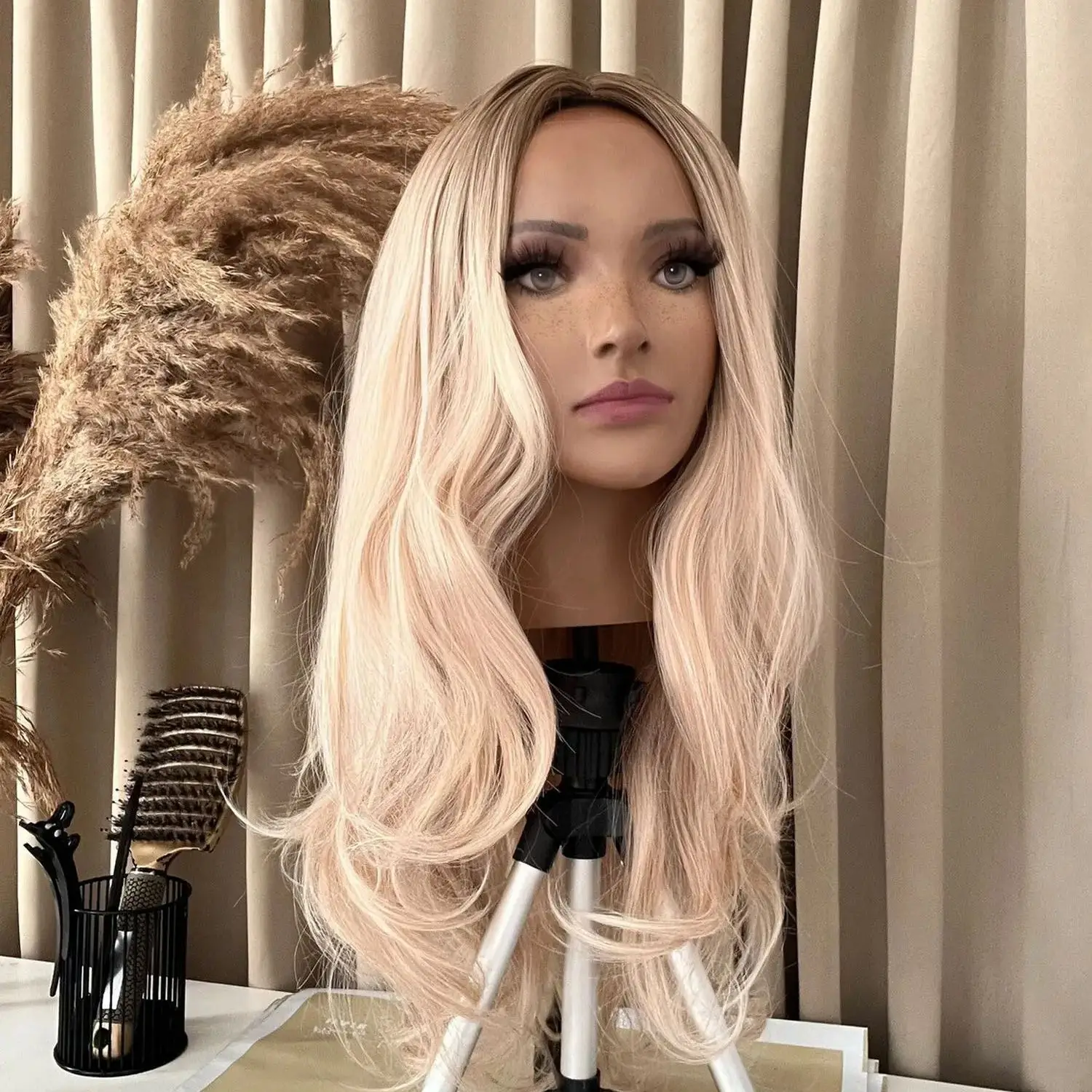 

Beautiful Wigs New Style Light Blonde Long Length Body Wave Synthetic Lace Front Wigs Ombre Daily Party Cosplay Wigs Female 24”