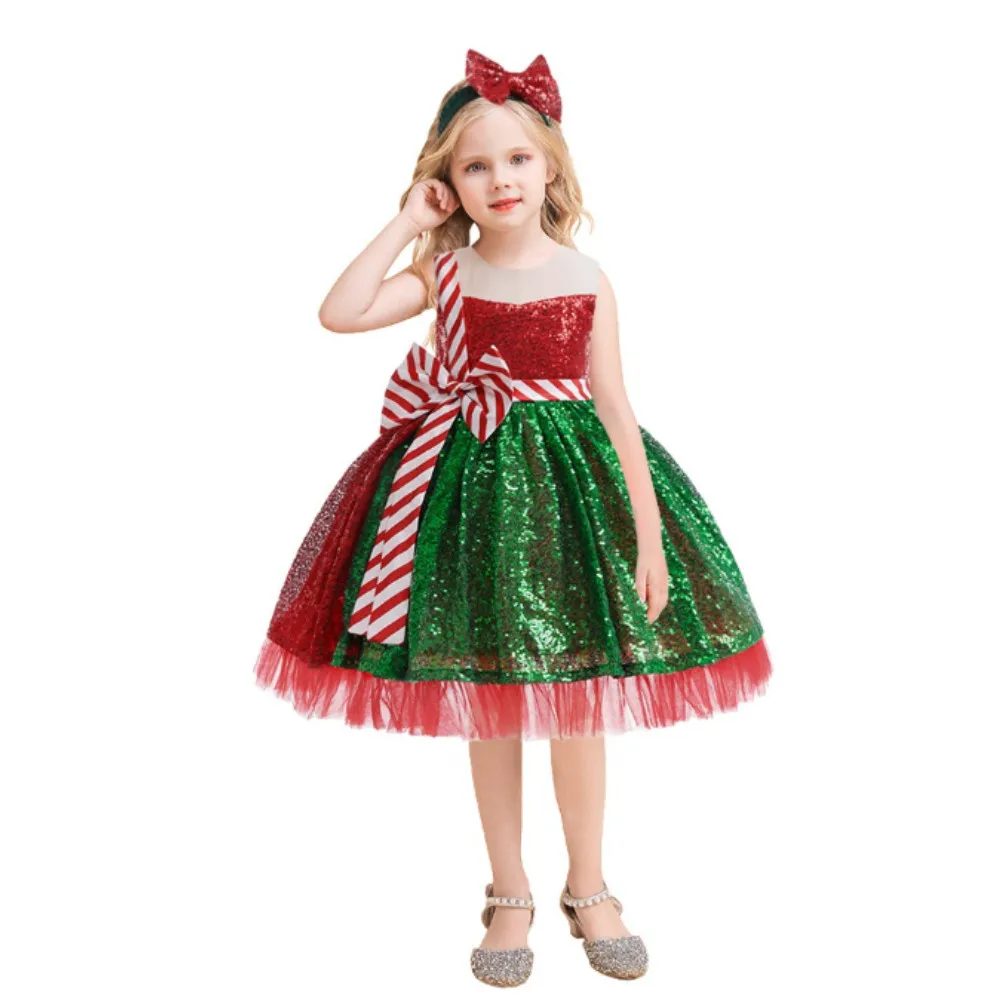 

Kids Girls Santa Claus Xmas Elf Princess Sequins Dress Children Christmas New Year Cosplay Costumes Performance Role Play Outfit