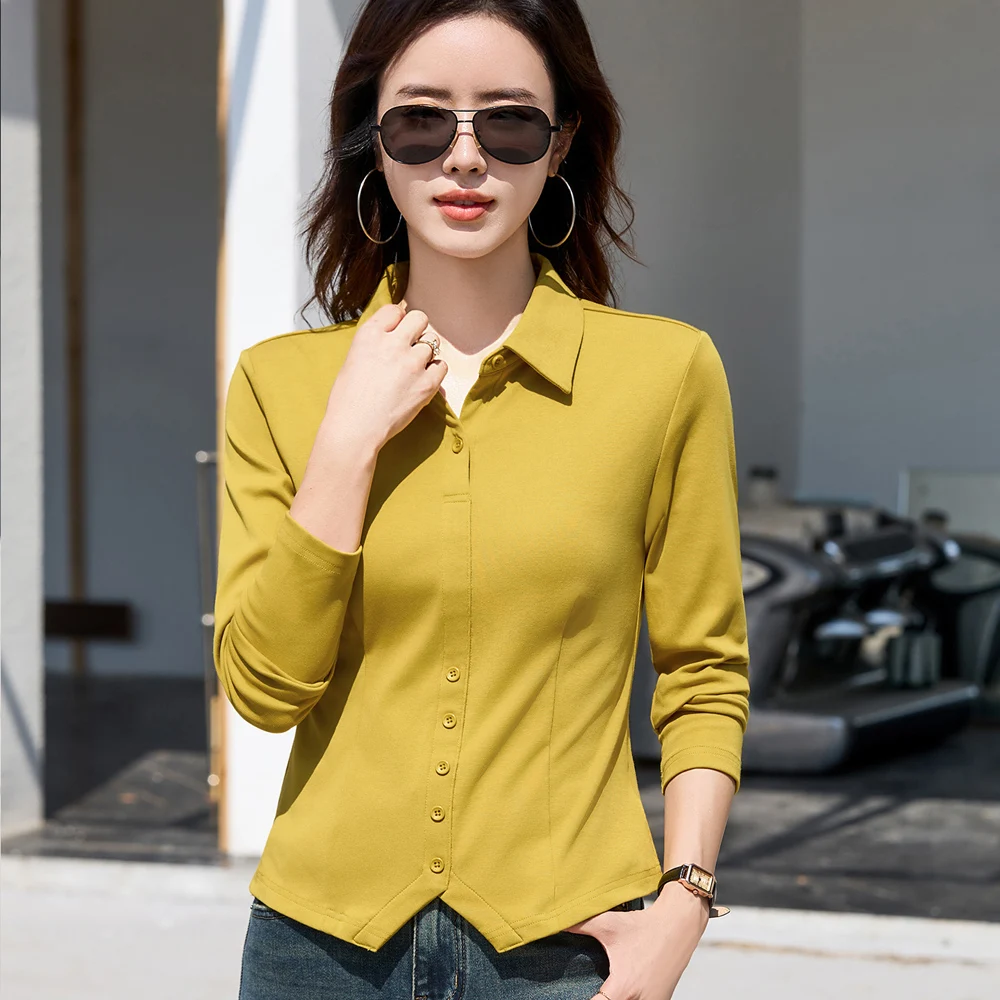 Korean style long sleeved t-shirt for women in spring and autumn, new high-end fashion, plus size front split lapel casual top