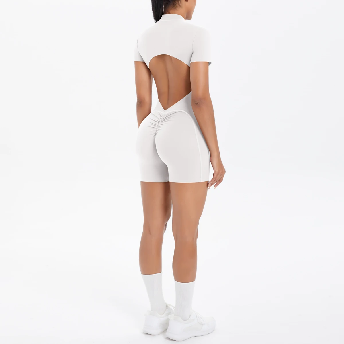 Ausgehöhlter, rückenfreier, kurzärmliger Reißverschluss-Overall für Damen, Overall, Yoga-Anzug, einteilige Legging, kurze Push-Up-Gymnastik-Yoga-Kleidung – Detail 5