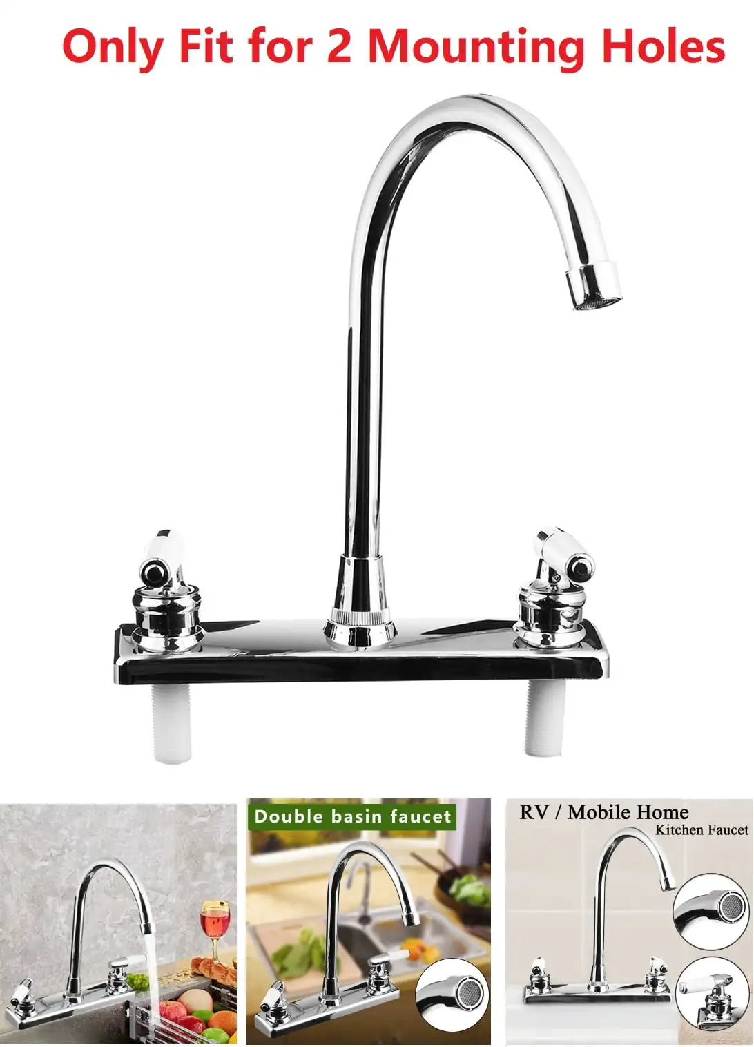 

Kitchen faucet, double handle level only fits 2 mounting holes with high arc rotation of hot and cold household kitchen faucets