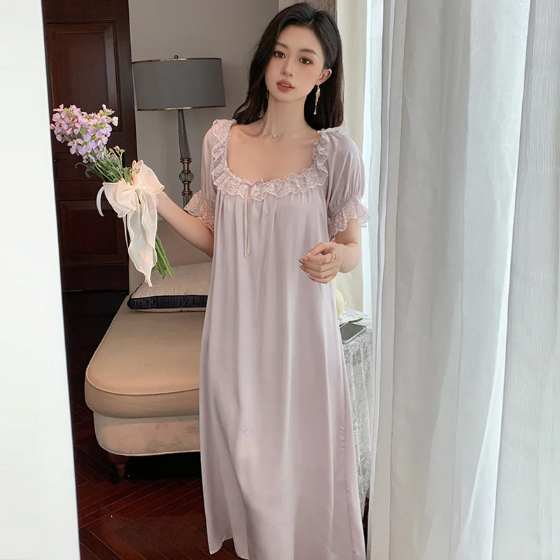 Sweet Summer Ice Silk Nightdress Women Satin Round Neck Nightgown Princess Sleepwear Nightwear Sexy Short Sleeve Night Dress