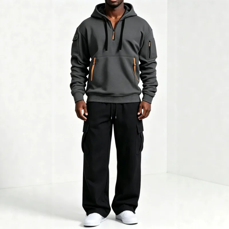 Men Hoodie Sweatshirt Set Half Zip Multi Pocket Hooded Top And Cargo Pants Two Piece Set gallery 3