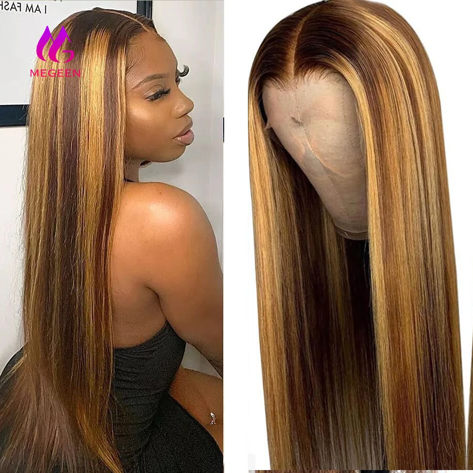 

Megeen Pre Plucked Honey Blonde Lace Front Wig 100% Human Hair Highlight P427 Colored Straight 13X4 Lace Front Wig Human Hair