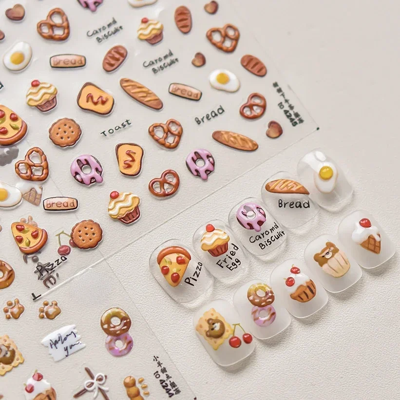 Food Bear Teddy Dog Cat Love Heart Pizza Cake Bread Cookie Cartoon Embossed Relief Self Adhesive Nail Art Sticker Manicure Decal