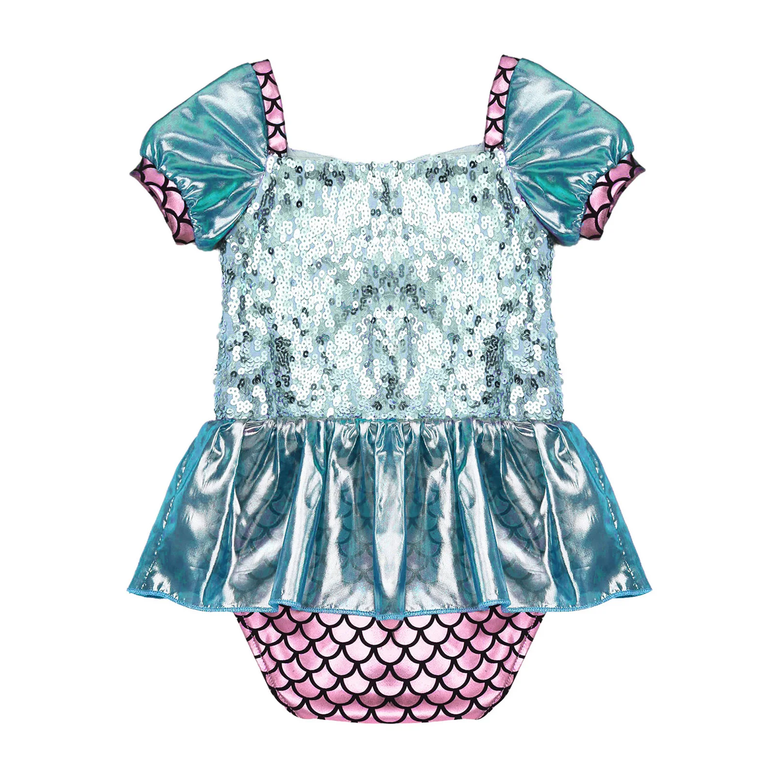 Kids Baby Girls Mermaid Dress Short Sleeve Sequins Fish Scales Print Ruffle Dresses Leotard Jumpsuit for Photography Swimming