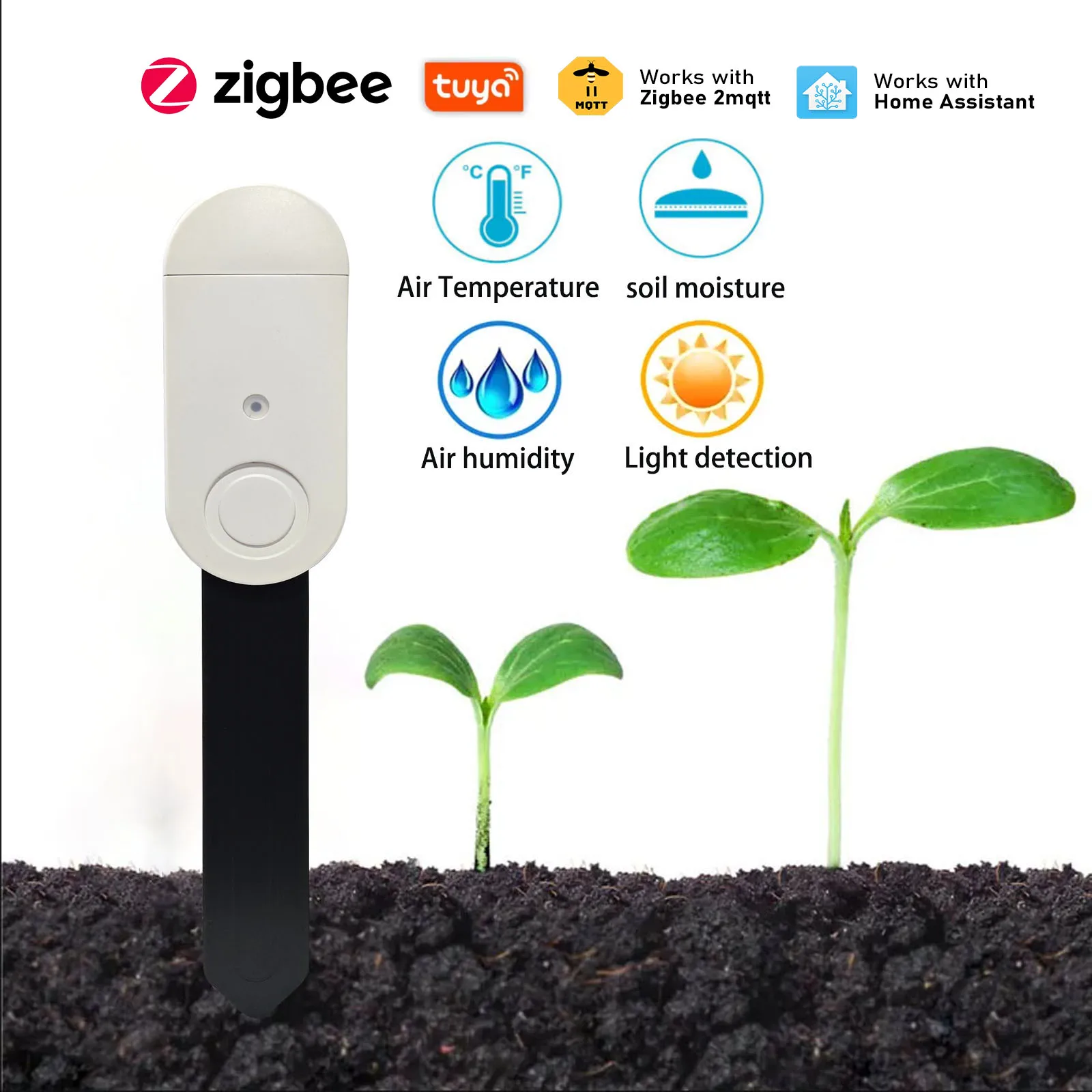 

Детектор температуры и влажности Tuya Zigbee, умный датчик влажности почвы, датчик света, монитор в реальном времени, поддержка домашнего помощника Z2M