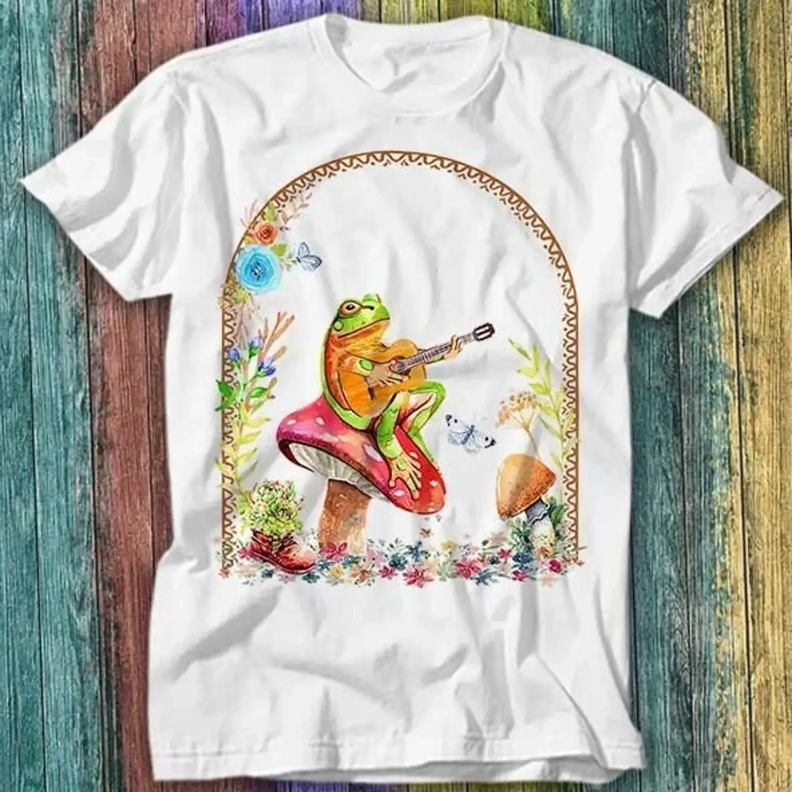 T Shirt A Frog Playing The Guitar On Toadstool Top 181 vintage Washed Top For Everyday Wear streetwear homme Casual graphic