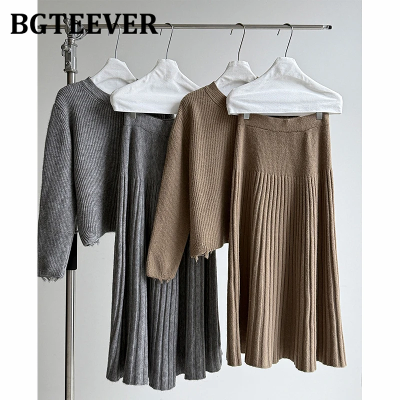 BGTEEVER Elegant Loose Women Knitted Skirt Suits O-neck Sweaters Pullovers & Pleated A-line Skirts Autumn Winter
