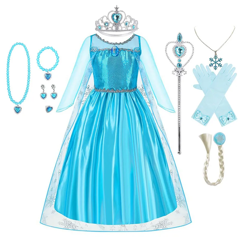 Frozen Snow Queen Mesh Cape Elsa Princess Dress for Girls Cosplay Costume Kids Role Play Carnival Children Birthday Party Dress