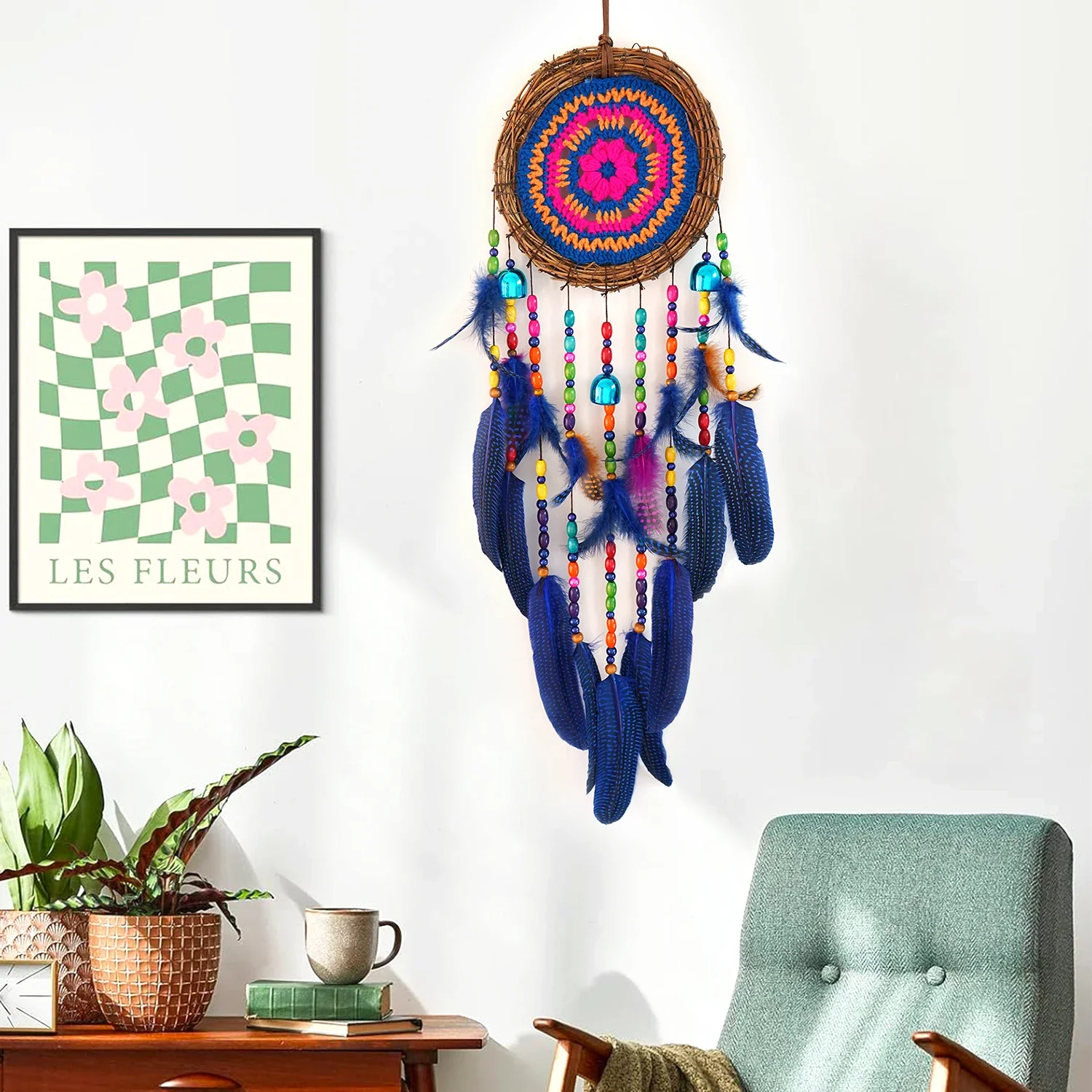 Handmade Floral Dream Catcher Woven Wreath Gradient Blue Feather Wall Decor for Boho Home Aesthetic Room Decor Wind Chimes